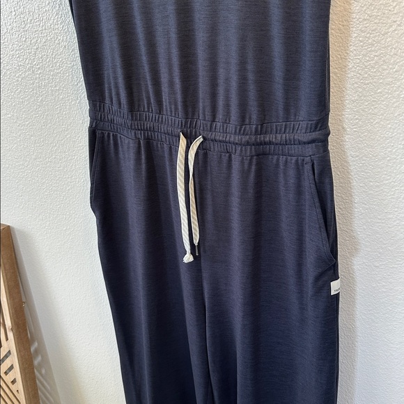 Vuori Falls Henley Waist Tie Dark Heathered Blue Wide Leg Jumpsuit Romper, Med - Picture 6 of 7